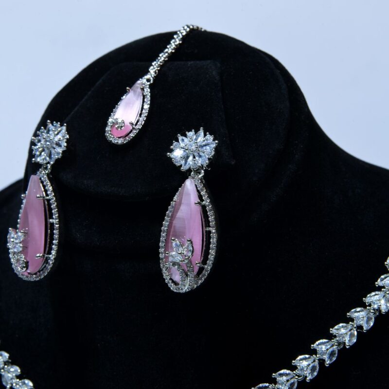 Pink Teardrop Jewelry Set with Leafy White Sparkle Stones - LC006 - Image 3