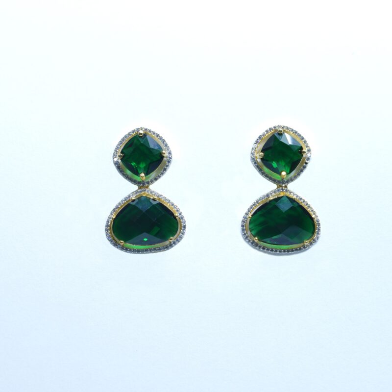 Golden Toned Dark Green Gemstones with Crystal Zarcons Earrings (ER007)