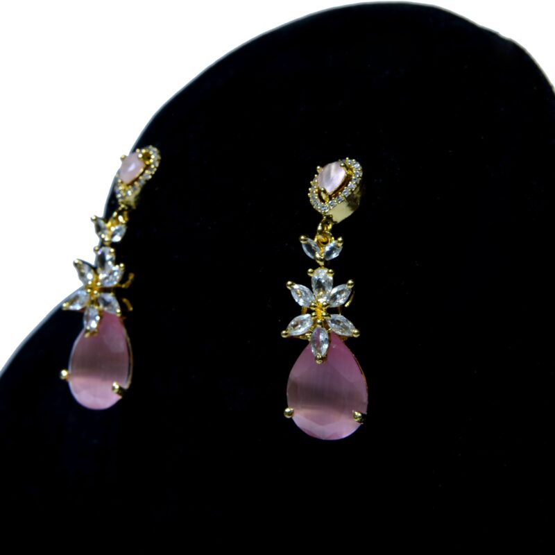 Pink Teardrop Gems & Clear Crystal Stones Earrings with Golden Base (ER002) - Image 2