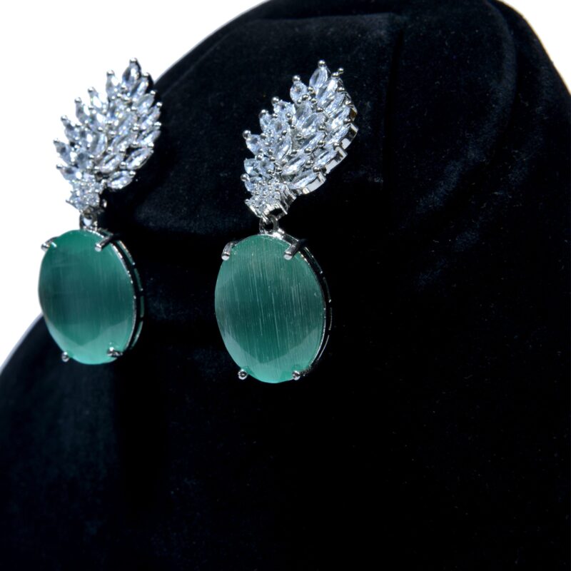 1karat heavy partywear white gold  Earrings with sea green stones and white zarcon (ER0010) - Image 2