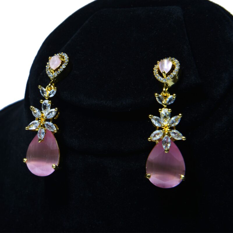 Pink Teardrop Gems & Clear Crystal Stones Earrings with Golden Base (ER002) - Image 3