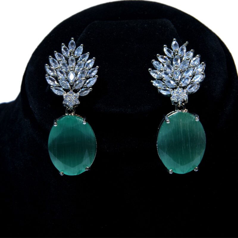 1karat heavy partywear white gold  Earrings with sea green stones and white zarcon (ER0010) - Image 3