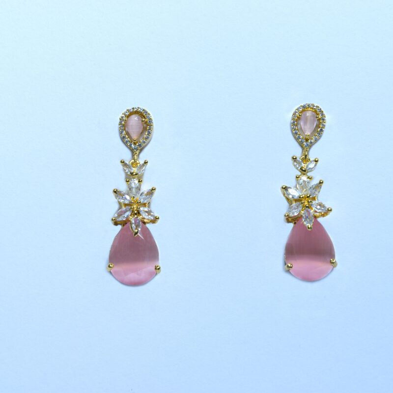 Pink Teardrop Gems & Clear Crystal Stones Earrings with Golden Base (ER002) - Image 4