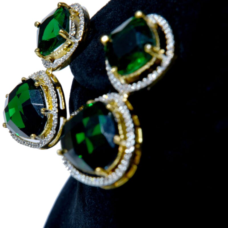 Golden Toned Dark Green Gemstones with Crystal Zarcons Earrings (ER007) - Image 2