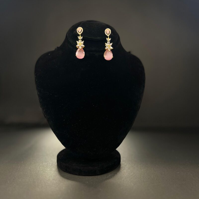 Pink Teardrop Gems & Clear Crystal Stones Earrings with Golden Base (ER002) - Image 5