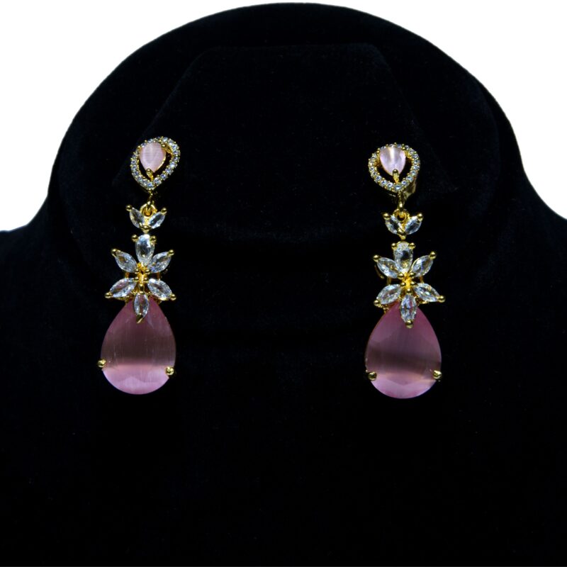 Pink Teardrop Gems & Clear Crystal Stones Earrings with Golden Base (ER002)