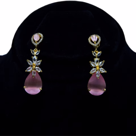 Pink Teardrop Gems & Clear Crystal Stones Earrings with Golden Base (ER-002)
