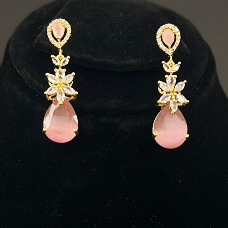 Pink Teardrop Gems & Clear Crystal Stones Earrings with Golden Base (ER002) - Image 6