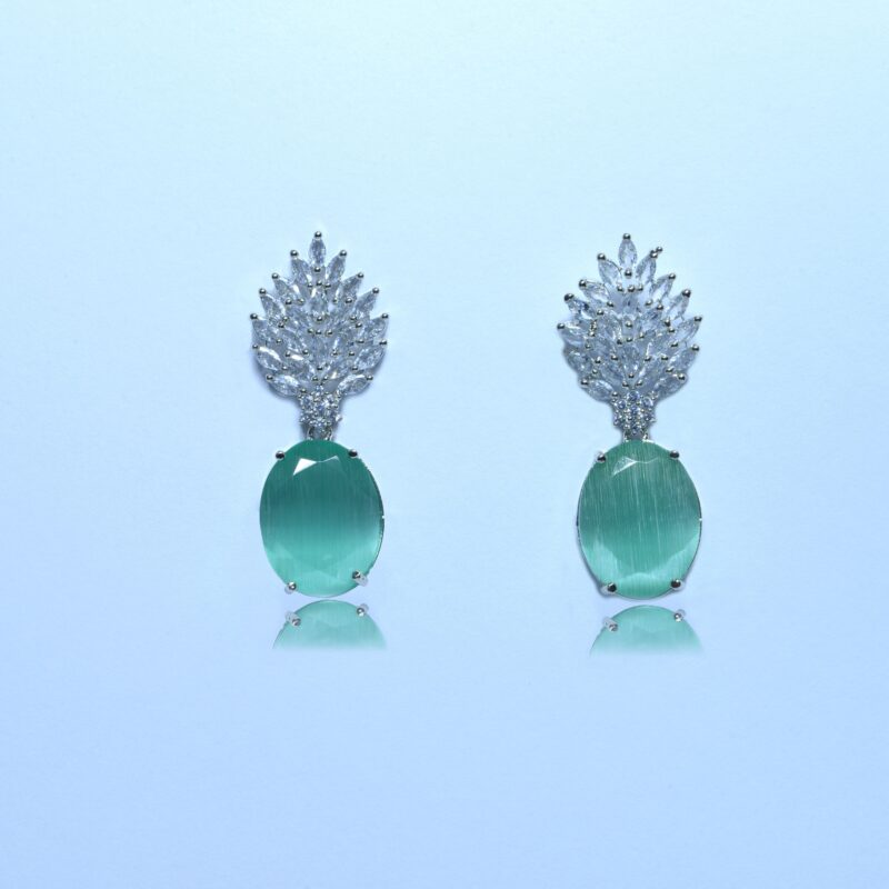 1karat heavy partywear white gold  Earrings with sea green stones and white zarcon (ER0010)