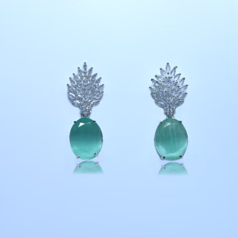 1k Partywear White Earrings with sea green stones and white Zarcon (ER-0010)