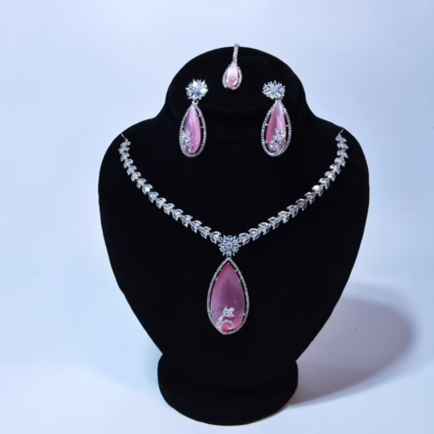 Pink Teardrop Jewelry Set with Leafy White Sparkle Stones - (LC-006)