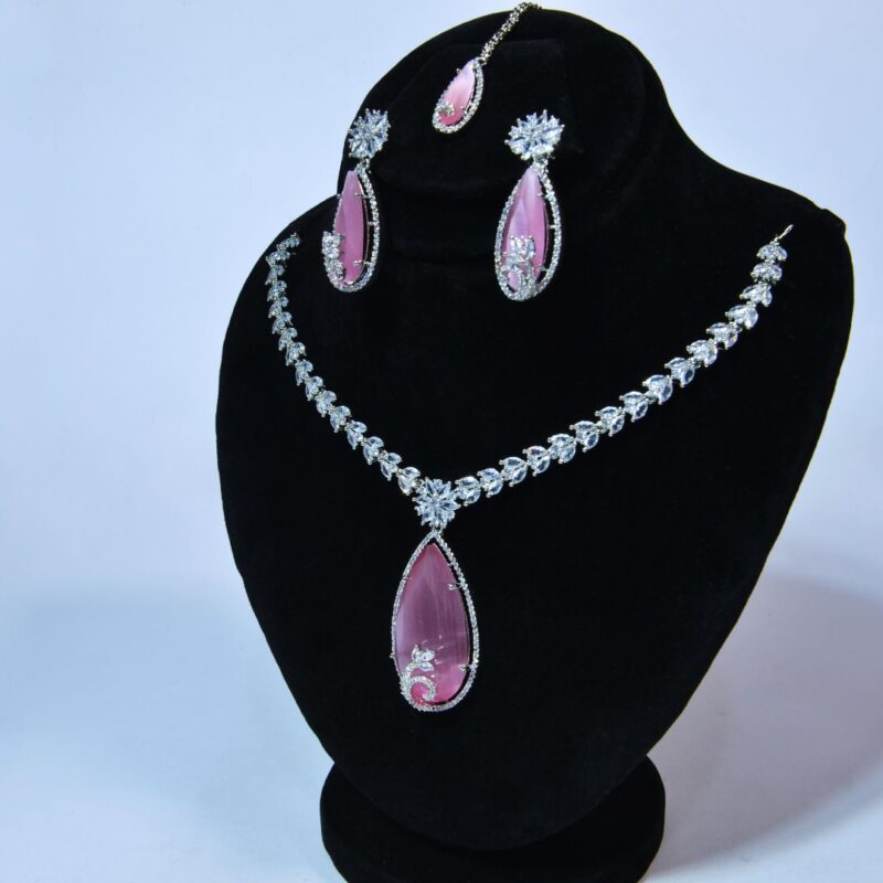 Pink Teardrop Jewelry Set with Leafy White Sparkle Stones - LC006 - Image 2