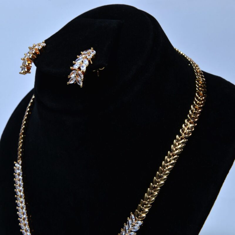 Leaf-Patterned 1k Golden Base & White Gem Stones Jewelry set (LC0013) - Image 2