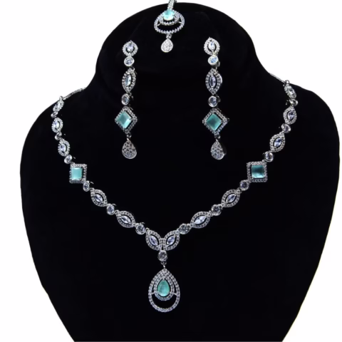 Sea Green Gemstones with White Sparkling Zarcons Jewelry Set (LC-007)