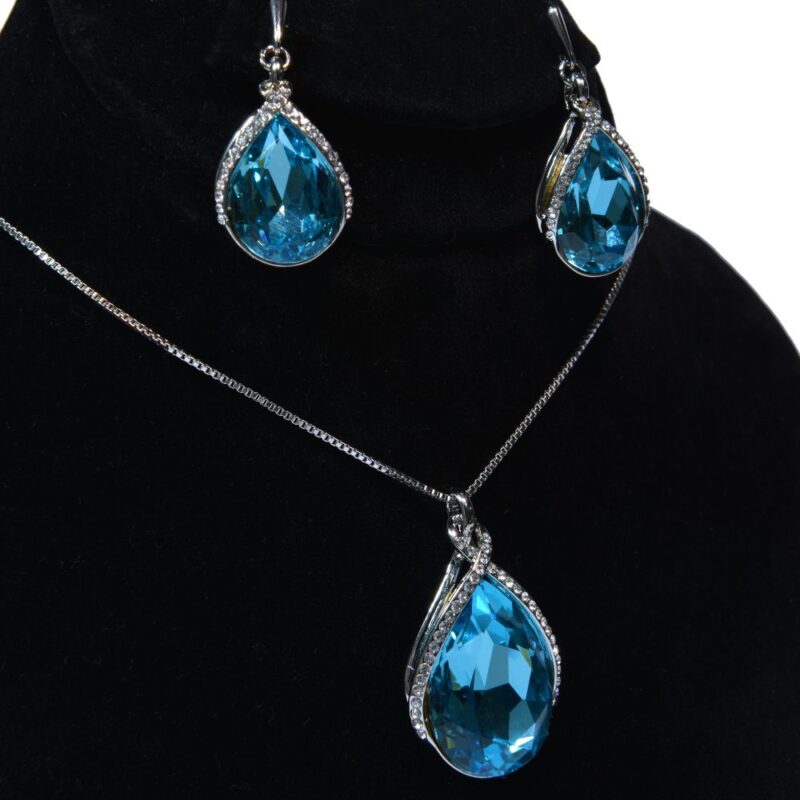 Eleganza (FS001) - Sparkling Blue Crystal Gems & zarcons Necklace and Earrings Set - Image 2