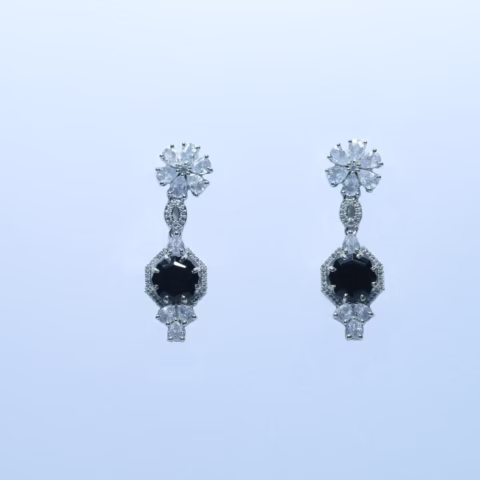 Silver Charm with Bold Black Gems & sparkling zircon earring (ER-009)
