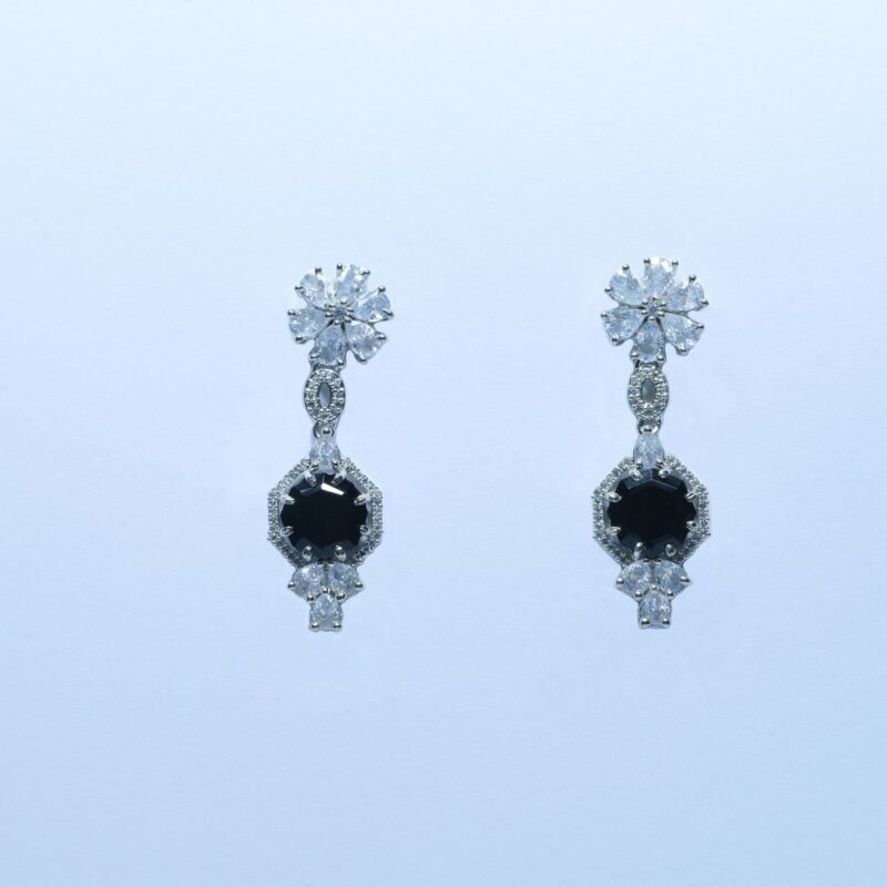 Silver Charm with Bold Black Gems & sparkling zircon earring (ER009)