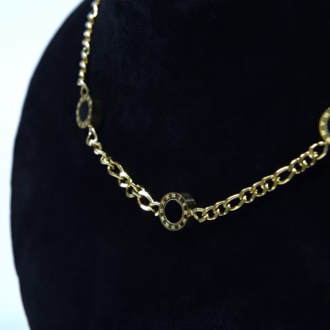 Heavy Chain Gold Toned Roman Numeral Necklace with Black Stone Accents (PD-006)