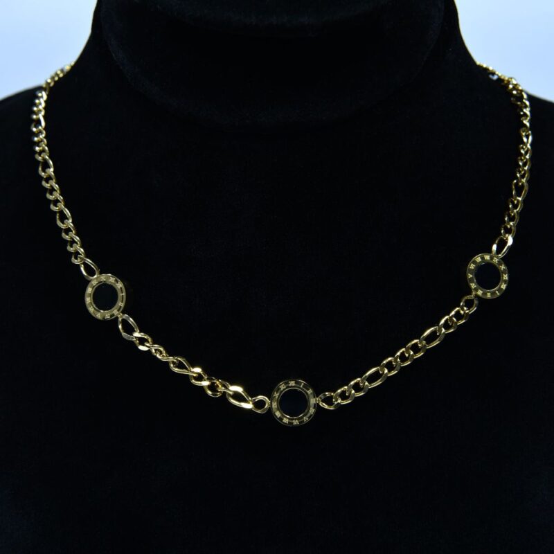 Heavy Chain Gold Toned Roman Numeral Necklace with Black Stone Accents (PD006) - Image 2
