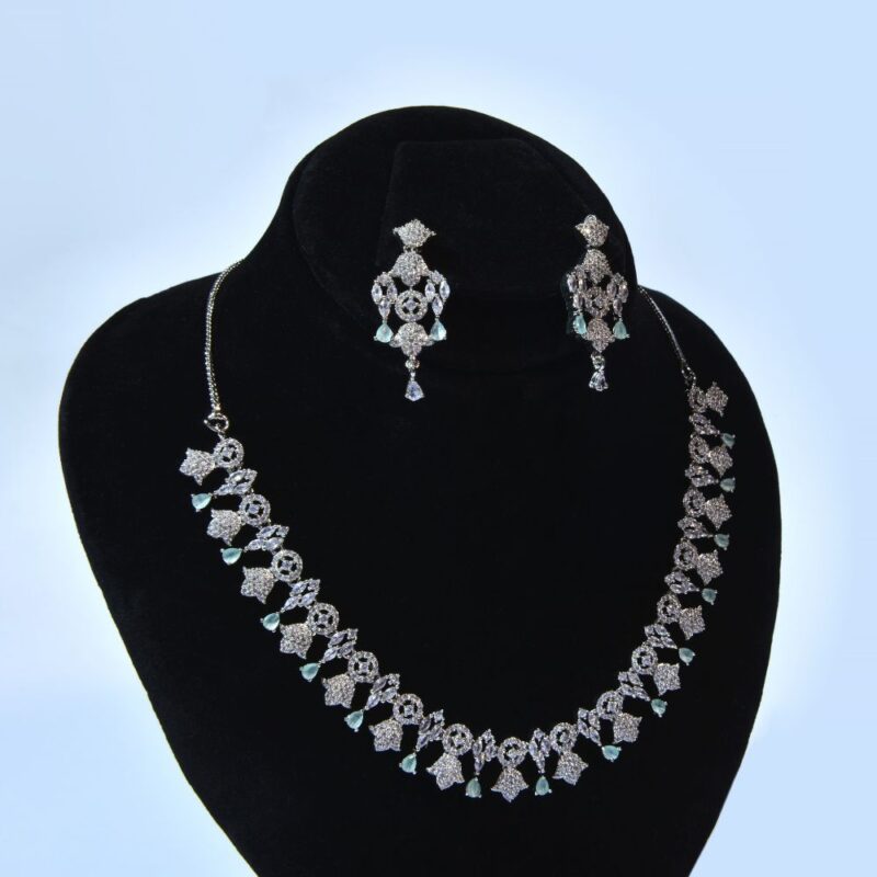 Elegant Sea Green & white Gemstones Drop Earrings & Necklace Jewelry Set (LC008)