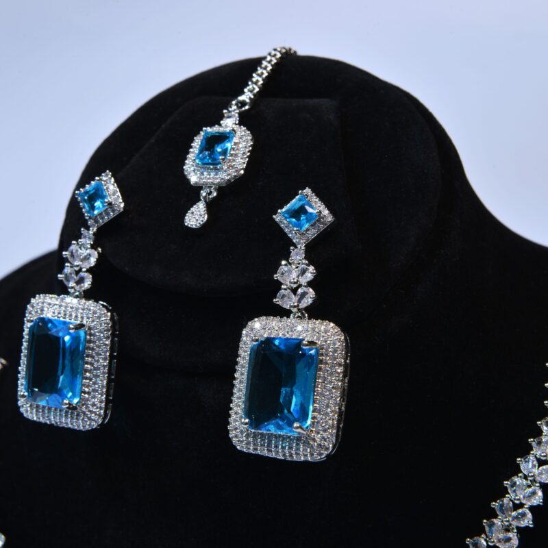 Silver Base with Bold Blue Gems & White Zarcons Jewelry Set (LC002) - Image 2