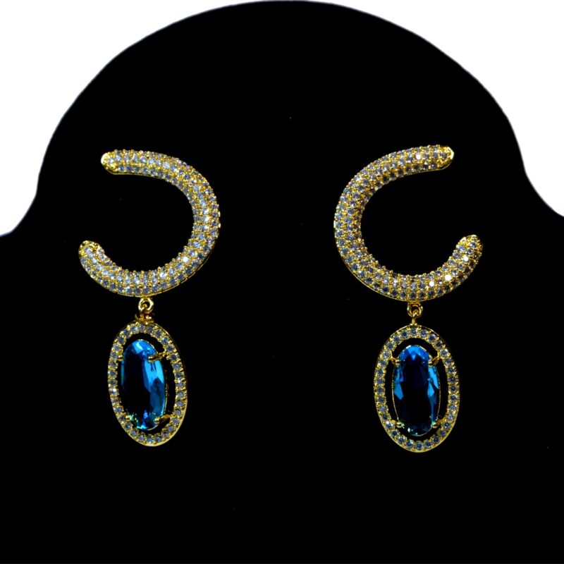 Blue Gemstone Earrings with Crystal Accents & Golden Base (ER001) - Image 2