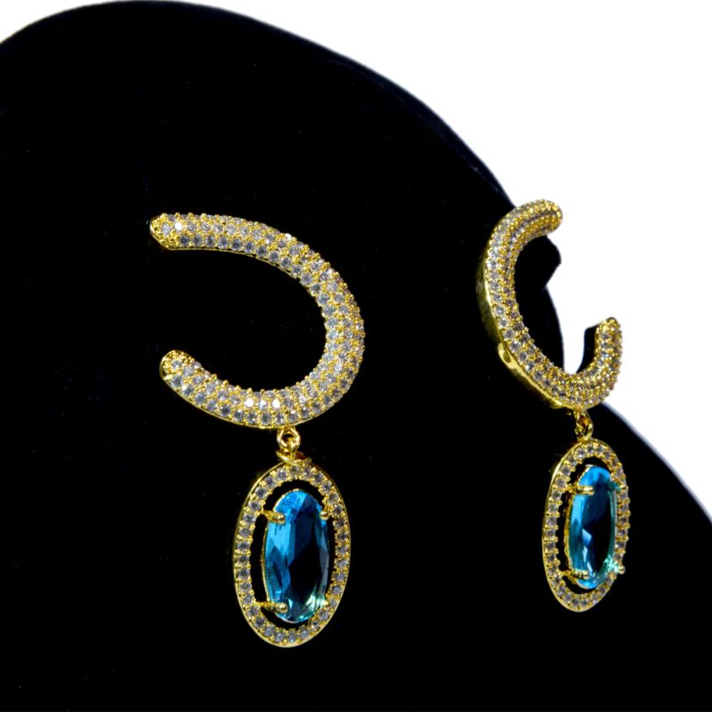 Blue Gemstone Earrings with Crystal Accents & Golden Base (ER001) - Image 3