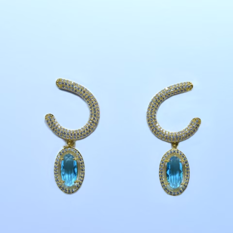 Blue Gemstone Earrings with Crystal Accents & Golden Base (ER-001)