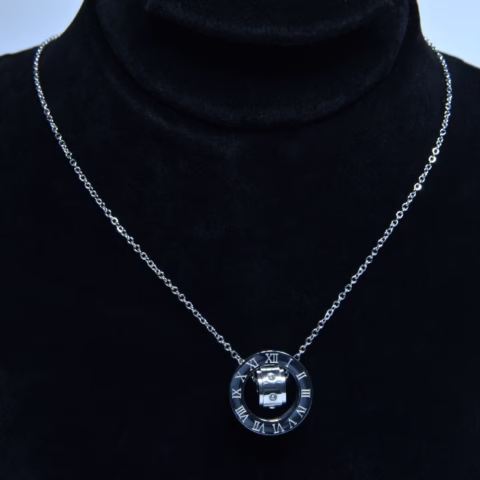 Silver-Toned Roman Numeral Necklace with Crystal Stones (PD-0031)