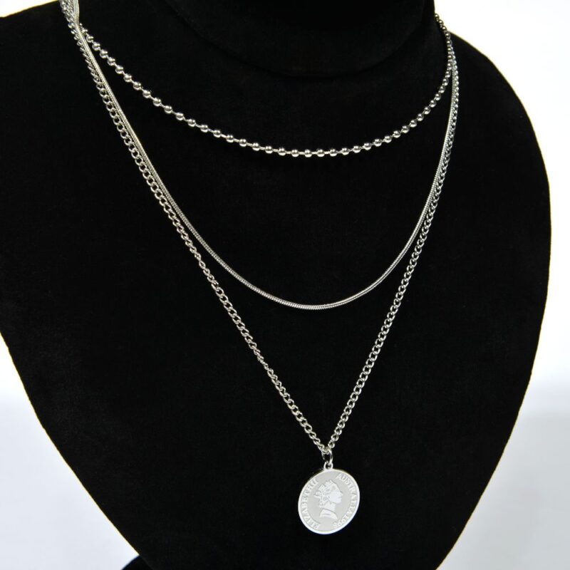 Silver Toned Three Layered Coin Necklace (PD0055) - Image 2