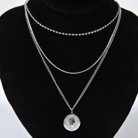 Silver Toned Three Layered Coin Necklace (PD-00055)