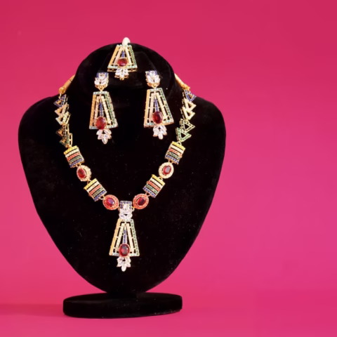 Golden Dori Jewelry Set with Multicolored Gems & Pearl Bindi (LC-0020)