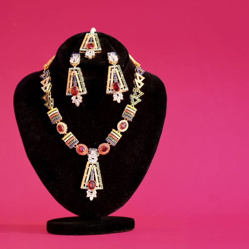 Golden Dori Jewelry Set with Multicolored Gems & Pearl Bindi (LC0020)