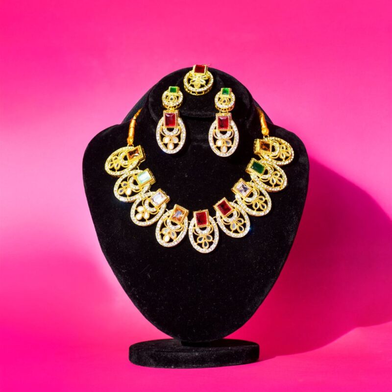 Golden-Toned Multicolor Heavy Dori Necklace Set with Bindi (LC0019)