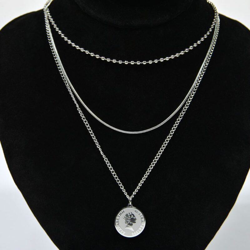 Silver Toned Three Layered Coin Necklace (PD0055)