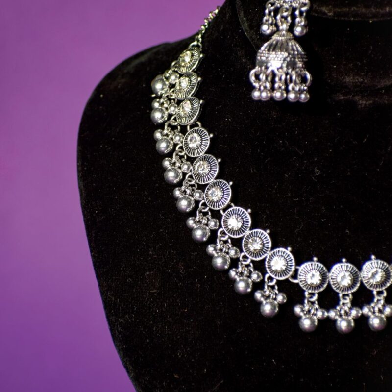 Antique Silver Jhumka Necklace Set with White Crystal Detailing (LC0014) - Image 3