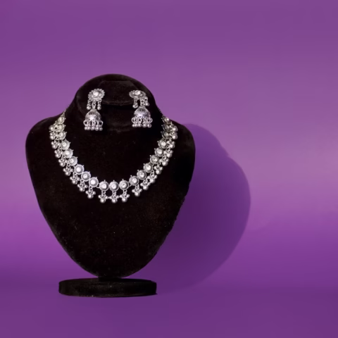 Antique Silver Jhumka Necklace Set with White Crystal Detailing (LC-0014)