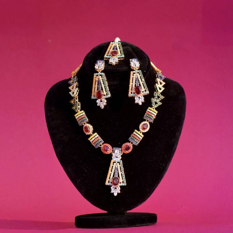 Golden Dori Jewelry Set with Multicolored Gems & Pearl Bindi (LC0020) - Image 2