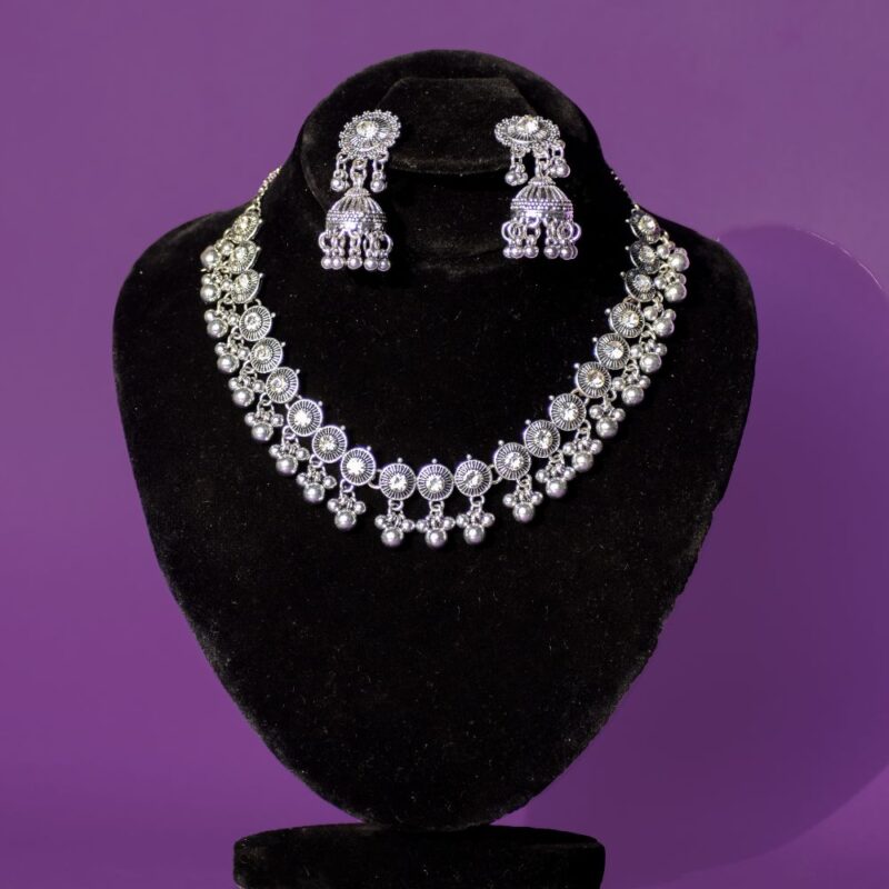 Antique Silver Jhumka Necklace Set with White Crystal Detailing (LC0014) - Image 2