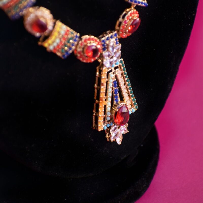Golden Dori Jewelry Set with Multicolored Gems & Pearl Bindi (LC0020) - Image 3