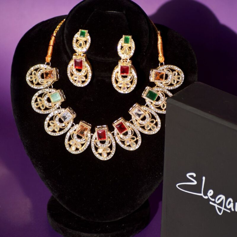 Golden-Toned Multicolor Heavy Dori Necklace Set with Bindi (LC0019) - Image 3