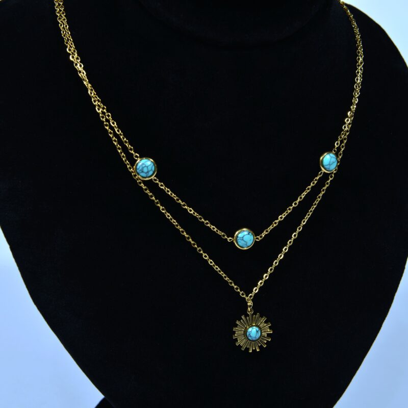 Gold-Toned Stainless Steel Layered Necklace with Turquoise Stones (PD0053) - Image 2
