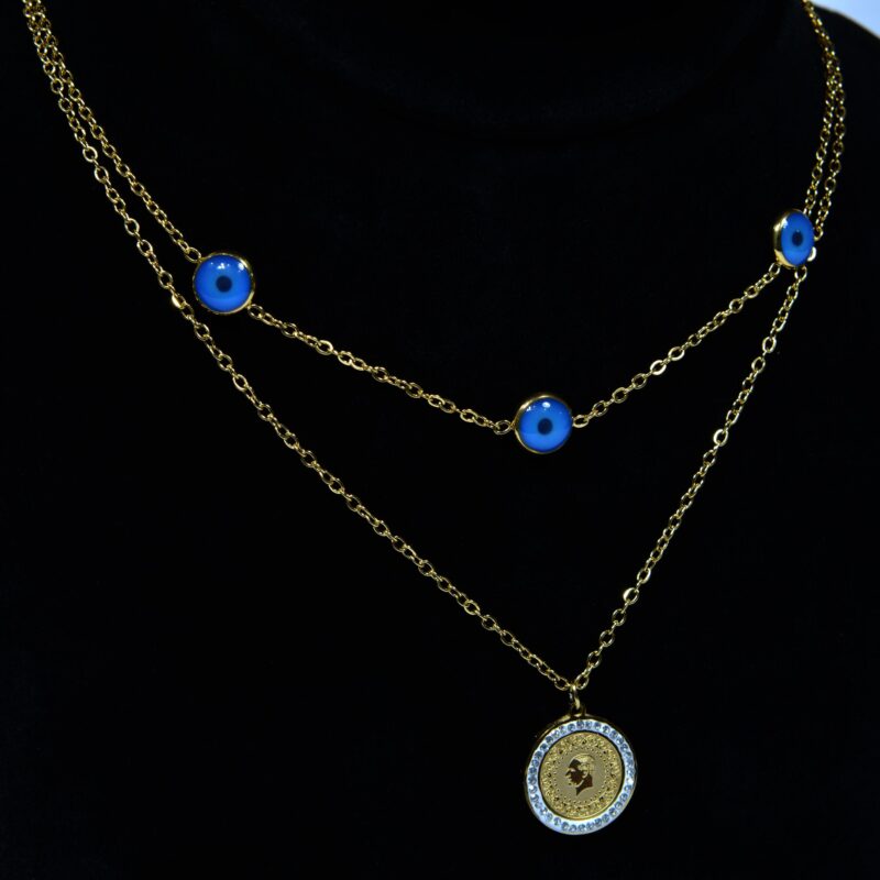 Gold-Toned Stainless Steel Layered Necklace with Blue Stones (PD0054) - Image 2