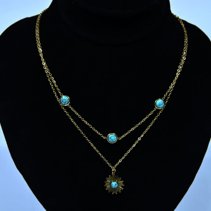 Gold-Toned Stainless Steel Layered Necklace with Turquoise Stones (PD0053)