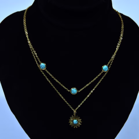 Gold-Toned Stainless Steel Layered Necklace with Turquoise Stones (PD-0053)