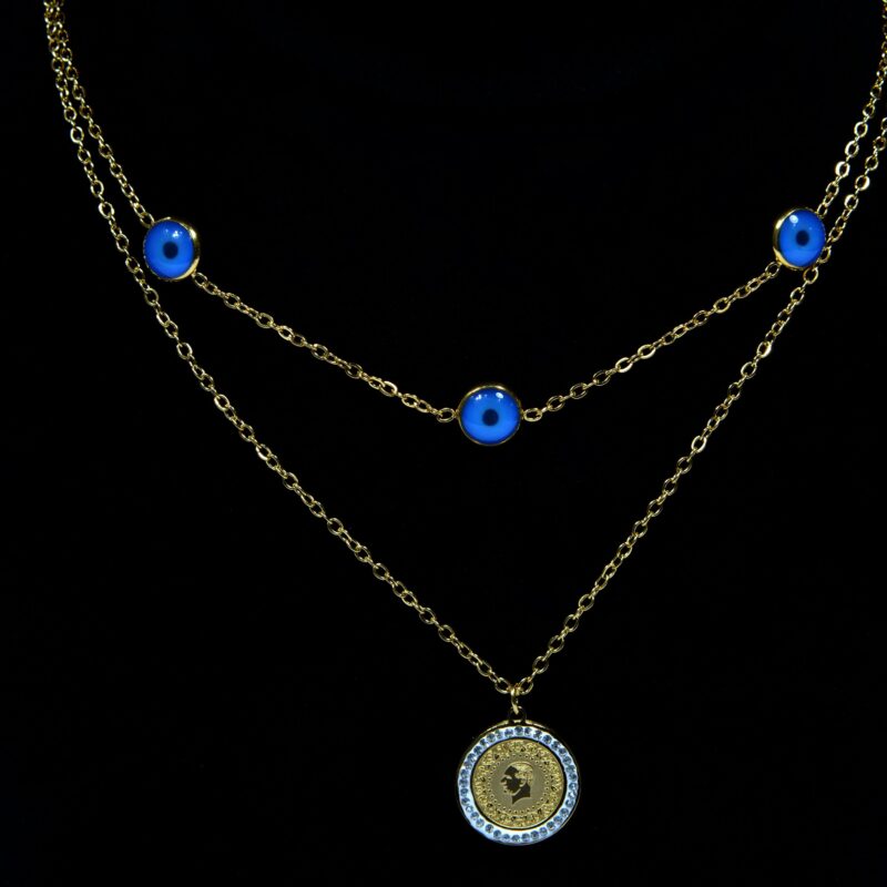 Gold-Toned Stainless Steel Layered Necklace with Blue Stones (PD0054)