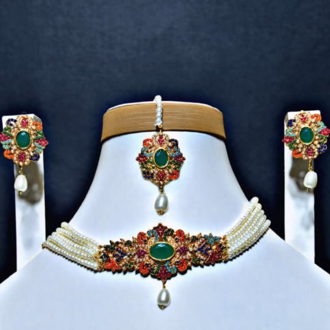 Eleganza – Multicolor stones Choker Set with Pearls & Golden Dori (CH-002)