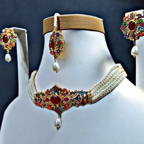 Traditional Choker Set with Multicolor Stones & Red Centerpiece – Eleganza CH-004