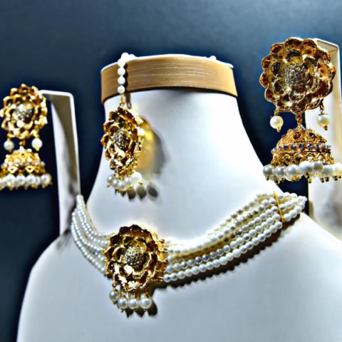Floral Design Golden Choker Set with Layered Pearls (CH-006)