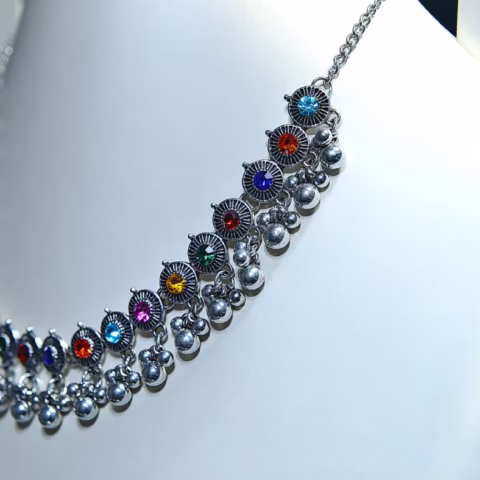 Antique Silver Jhumka Necklace Set with Multi-Color Stones (LC-0018)